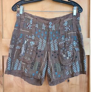 Johnny Was Embroidered Brown Cargo Shorts Sz 0 XS Boho Bohemian Y2K Resortwear